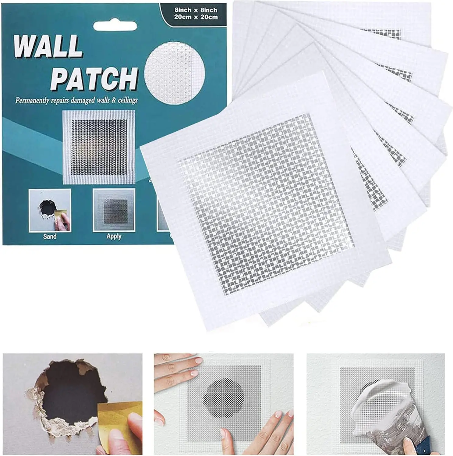 Drywall Repair Patch 8 Inch 6 Pack, Safe Mend Wall Repair Self Adhesive Fiberglass Wall Repair Patch Kit,  Metal Sheetrock Ceiling Dry Wall Patch (8"x 8")