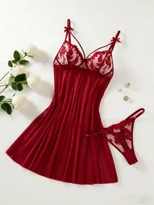 2-Piece Burgundy Lace Cami Nightdress, Sleeveless, Embroidery & Bow Design, With Thong, For Women, Womenswear, Perfect for Date Night, Valentine's Day, Anniversary & Romantic Gift.#Lingerie #Sleepwear #Boudoir