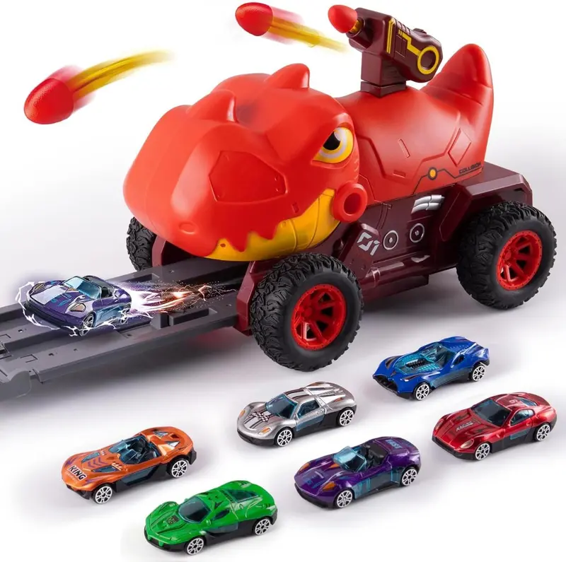 Dinosaur Truck Toys for 2 3 4 5 Year Old Boy with 6 Die-Cast Metal Toy Cars, Gifts for 2 3 4 5 Year Old Boys, Foldable Track & Missile Launcher, Birthday Gift Idea for Toys for Ages 2-4