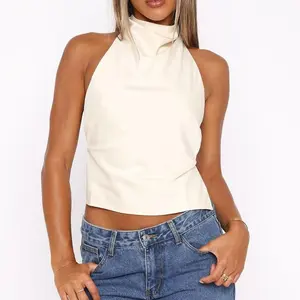 Women’s satin collared vest — sleeveless, backless V-neck summer top with adjustable shoulder straps and shiny fabric; suitable for beach fashion and elegant casual women’s wear; elegant solid-color polyester fashion; breathable basic minimalist design.