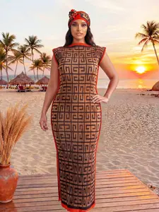 Women's Elegant Striped Chain Design Dress Set, Slim-Fitting Moo Moo Long Skirt & Rose Robe Shawl Scarf, Beach Sun Protection Silk Wrap