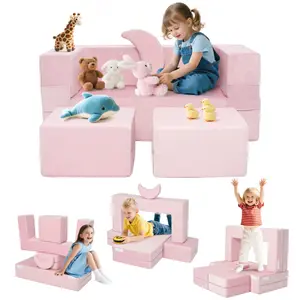 5-Piece Modular Kids Play Couch, Foldable Toddler Foam Sofa, Velvet Convertible Play Chair Floor Cushion, Soft Plush Foam Furniture for Boys Girls Playroom Bedroom