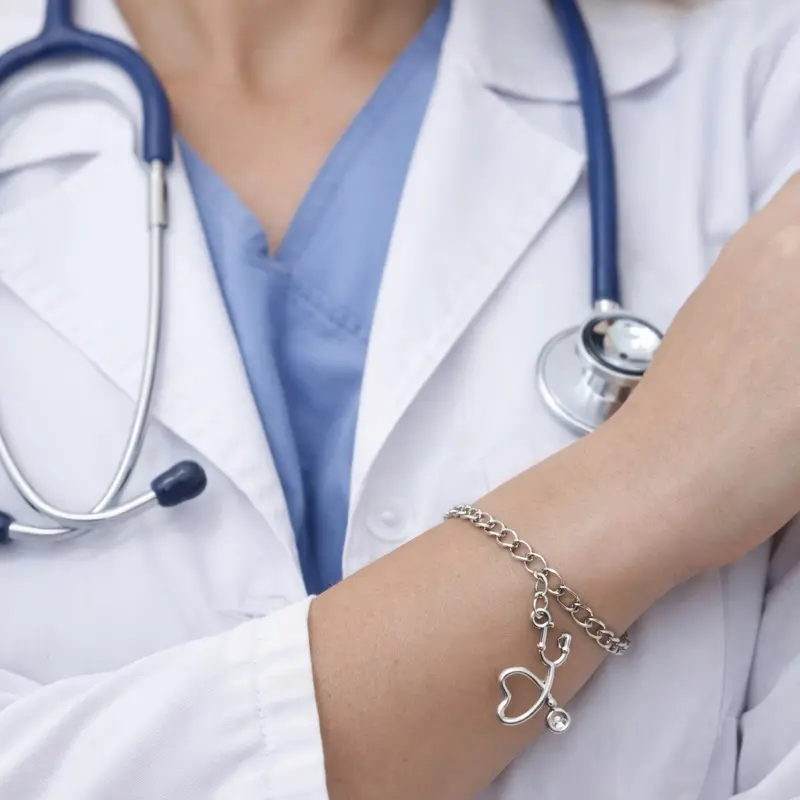 Cute Stethoscope Doctor Bracelet for Medical Professionals with Heart Charm and Silver Chain