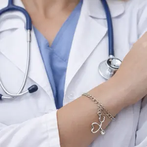 Cute Stethoscope Doctor Bracelet for Medical Professionals with Heart Charm and Silver Chain