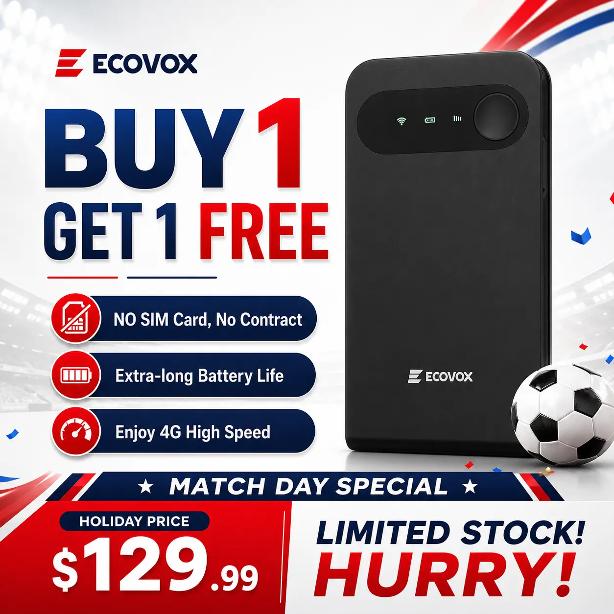 ECOVOX 4G LTE WiFi Pocket Hotspot - ecovox wifi*1(order now and get 1 free), No SIM Contract, 1GB Data, Auto-Switch Single-Band, 9-Device Connectivity, USB-Powered, Portable Travel Outdoor Internet Accessory, Ecovox Wifi*1(Order Now And Get One Free）