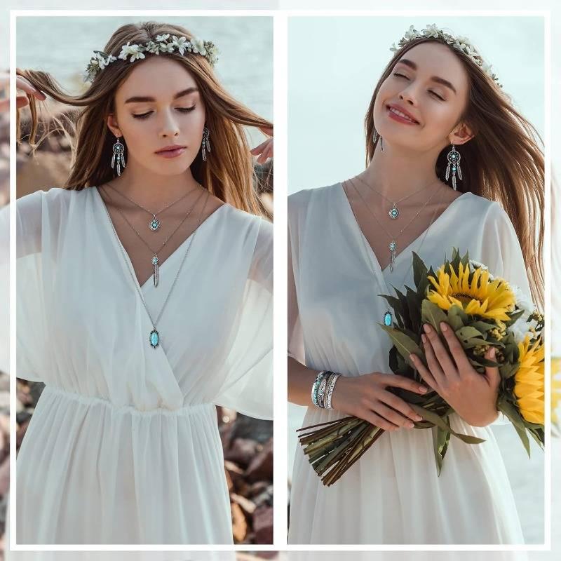 3 Pcs Bohemian Western Turquoise Jewelry Set for Women Pendant Necklace Dangle Earrings Bracelet Gift for Christmas New Year Daily Wear