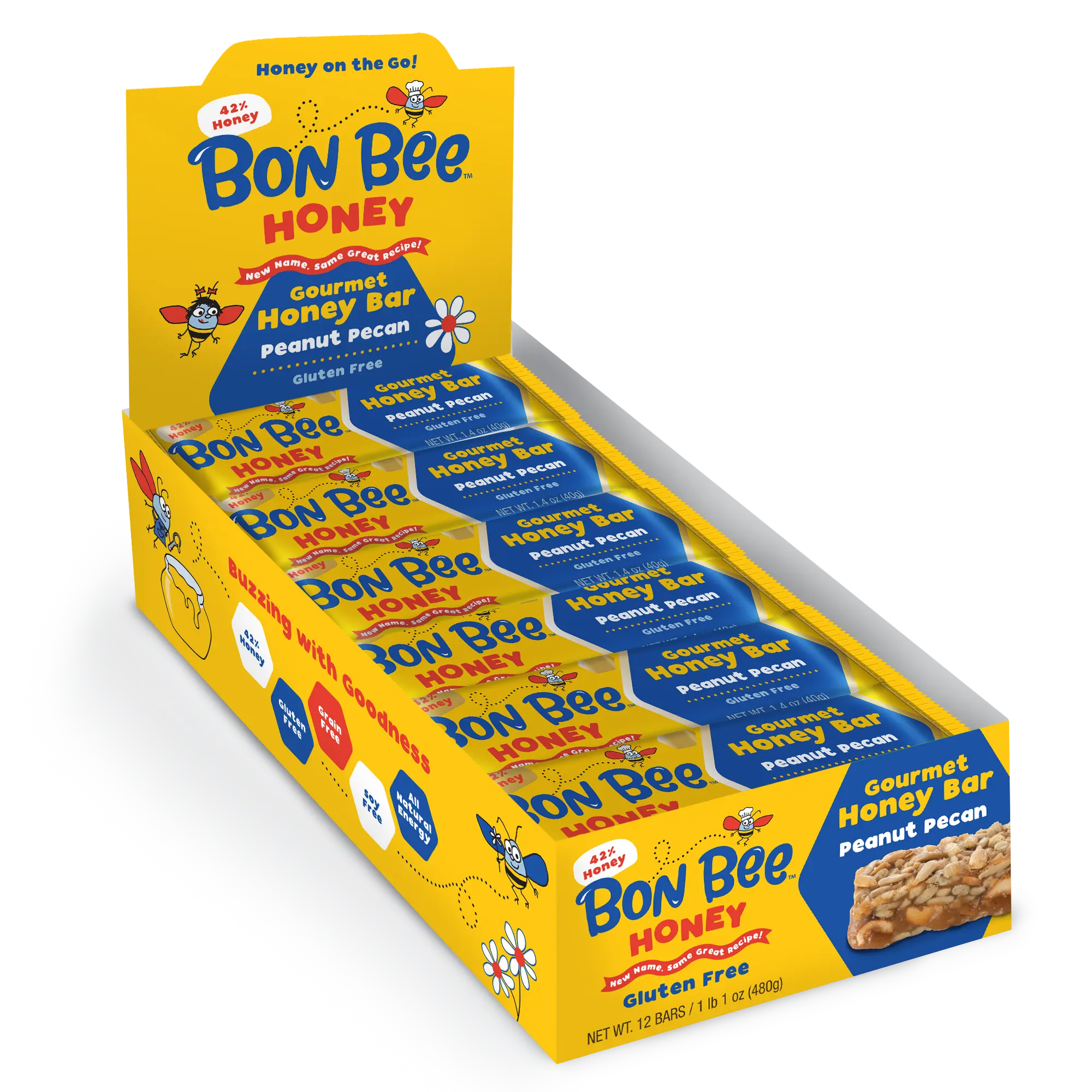 Bon Bee Peanut Pecan Gourmet Honey Bars - Natural Gluten Free Dairy Free Pack Energy Snack, 12-1.4oz Bars Snack