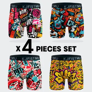 KJFISTMU 4-pack men's boxer briefs, featuring stylish graffiti print with seamless craftsmanship, moisture-wicking and soft for comfort. Suitable for daily commuting, casual wear, and home use. Men's clothing. Fitness fabric festival.