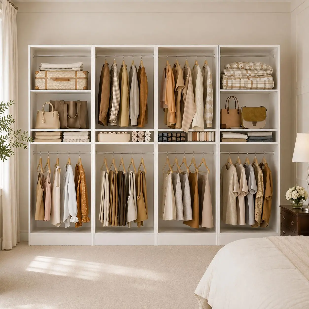 100 Inch Stylish Closet System, 8.3FT Wood Closet Storage Organizer with 8 Hanging Rods, Adjustable Large Walk in Wardrobe Closet Tower, Sturdy Clothes Garment Rack, Easy Assembly, White