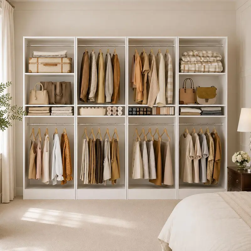 100 Inch Stylish Closet System, 8.3FT Wood Closet Storage Organizer with 8 Hanging Rods, Adjustable Large Walk in Wardrobe Closet Tower, Sturdy Clothes Garment Rack, Easy Assembly, White