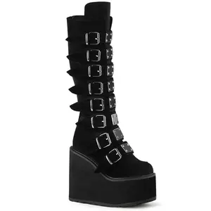 Demonia Women's Swing-815 Black Velvet Knee-high Boots with 8 Buckle Straps & Metal Plates 5 1/2" Platform Casual Shoes