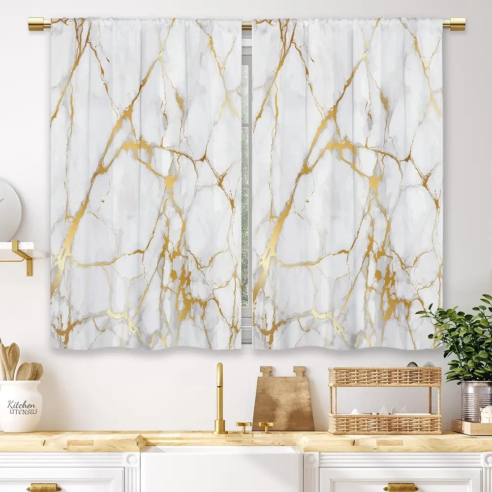 Gold Marble Kitchen Curtains Golden Luxury Abstract Small Short Cafe Window Curtains White Modern Texture ink Rod Pocket Bathroom Window Drapes Treatment Tier Curtains 2 Panels ,Summervibes