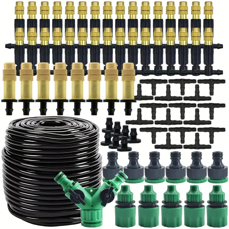 15m/30m multi-function outdoor spray system, Watering Systems, garden cooling and irrigation kit, with brass atomizing nozzle and 1/4 inch hose, Spray Nozzles, Garden sprinklers, Sprinklers for yard, suitable for garden and greenhouse irrigation