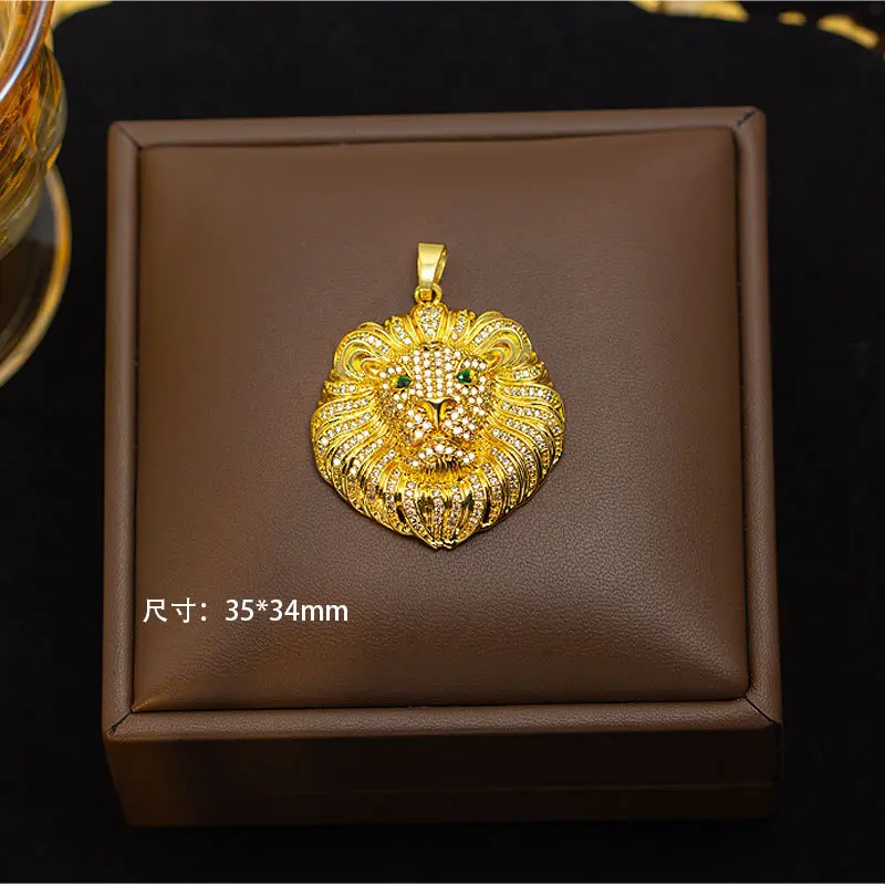 Elegant Lion Head Pendant with Full Gemstone Inlay, Stylish Copper Necklace Accessory, Versatile High-End Jewelry