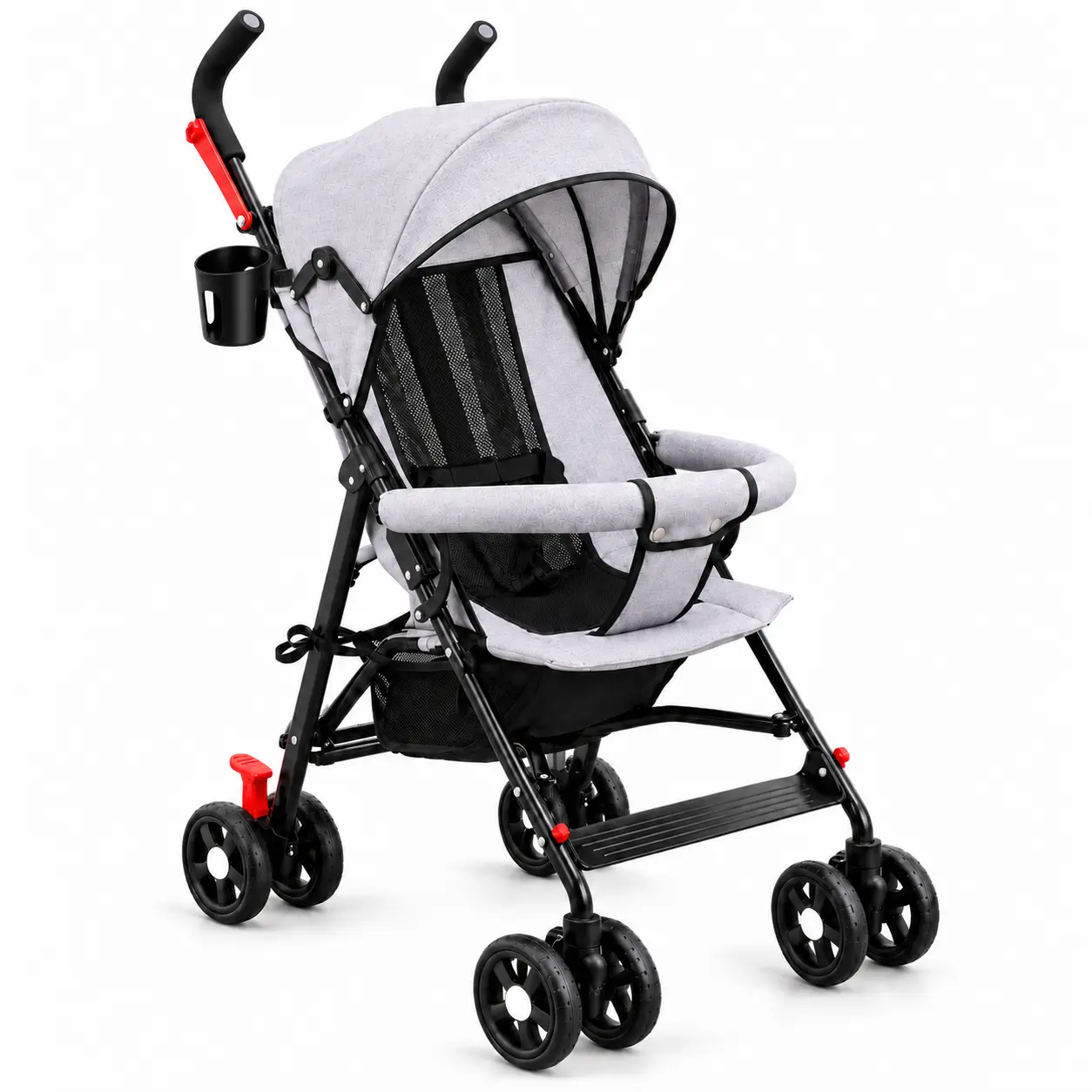 Sturdy Infant Stroller, Lightweight Foldable Baby Stroller for Everyday Travel & Outdoor Use, Hanging Cup Holder, Adjustable Canopy, Breathable Mesh Backrest, Rear Brakes & Storage Basket, Grey