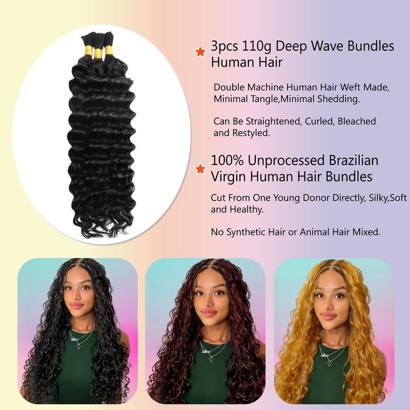 Bohemian Braiding Human Hair, Deep Water Wave Bulk Braiding Hair, 12A Grade Wet & Wavy Curly Human Hair Extensions, 3 Bundles 110g, Natural Color, Weft-Free Design, Unisex Hair Pieces Bohemian Braiding Human Hair, Deep Water Wave Bulk Braiding Hair, 12A Grade Wet & Wavy Curly Human Hair Extensions, 3 Bundles 110g, Natural Color, Weft-Free Design, Unisex Hair Pieces