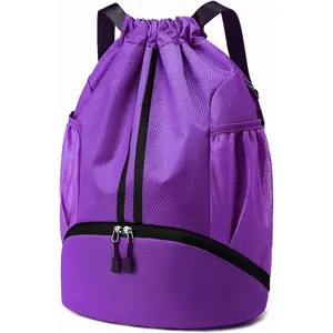 Sports Drawstring Backpack - String Swim Gym Bag with Shoes Compartment and Wet Proof Pocket for Women/Men (Purple)
