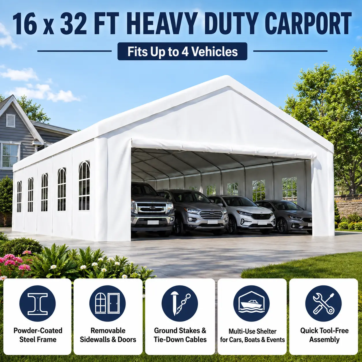16x32 Heavy-Duty Portable Metal Carport Canopy - Easy Installation, Removable Waterproof Cover, Sidewalls - All-Weather Outdoor Shelter for Large Vehicles, Yard Equipment