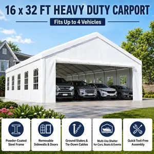 16x32 Heavy Duty Carport Canopy Portable Metal Garage with Removable Waterproof Cover and Sidewalls All Weather Outdoor Shelter for Trucks SUVs and Large Vehicles Yard Equipment Storage Protective Tent