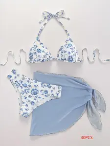 Three-Piece Set Women's Floral Print Bikini Set, Casual Halter Triangle Swim Bra & Swim Panty & Plain Knot Side Cover Up Skirt, 2024 Summer Swimsuit for Beach Vacation