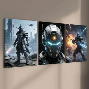 3-Piece Wooden Frame Canvas Art, Cyberpunk Warrior Theme Poster, Canvas Prints, Game Room Decor, Modern Home Wall Art, Waterproof, High Definition