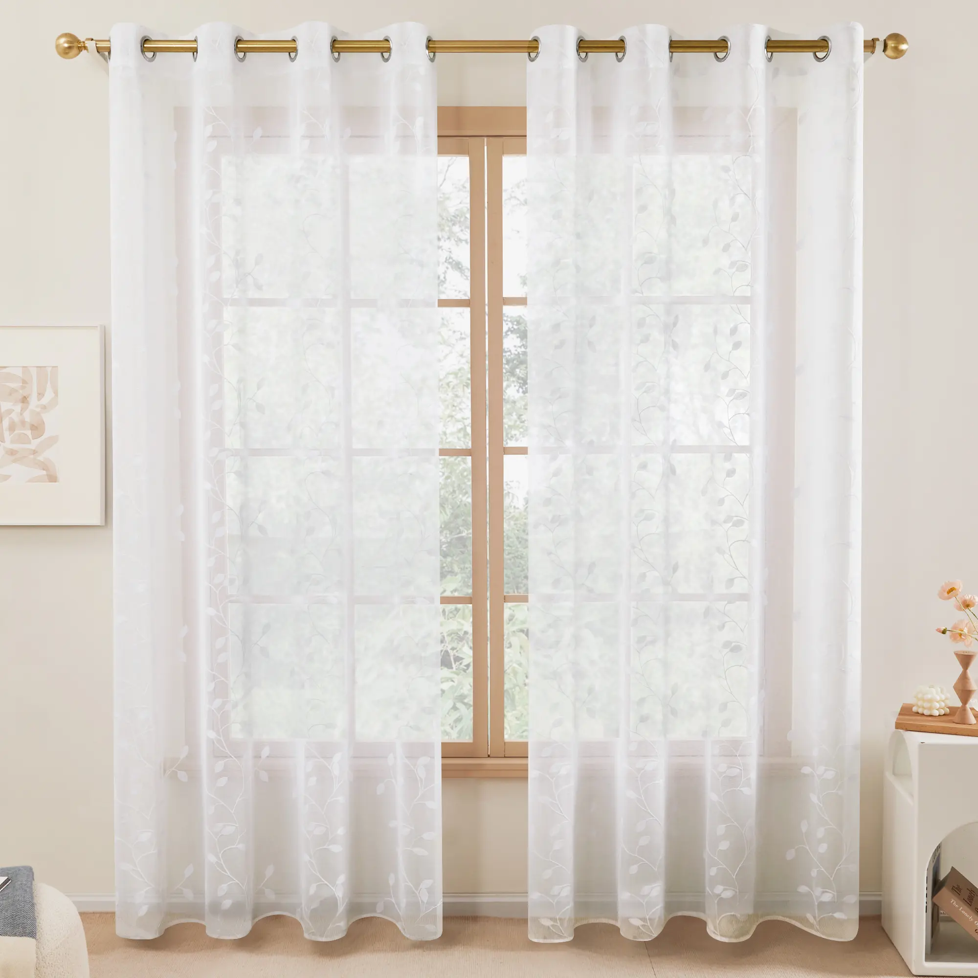 Deconovo Easter Decorations Short Voile Sheer Curtains with Leaf Pattern, Rod Pocket Embroidered White Sheer Curtain Draperies for Kitchen(1 Pair)