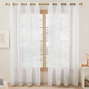 Deconovo Easter Decorations Short Voile Sheer Curtains with Leaf Pattern, Rod Pocket Embroidered White Sheer Curtain Draperies for Kitchen(1 Pair)