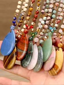 Handmade Boho Water Drop Pendant Necklace, Boho Style Jewelry, Rhodochrosite & Redstone & Rose Quartz Jewelry, Unisex Valentine's Day Gift