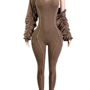Brown Ribbed Jumpsuit with Ruched Sleeves Jacket Set Womenswear Stretchy Girl Outfit Everyday