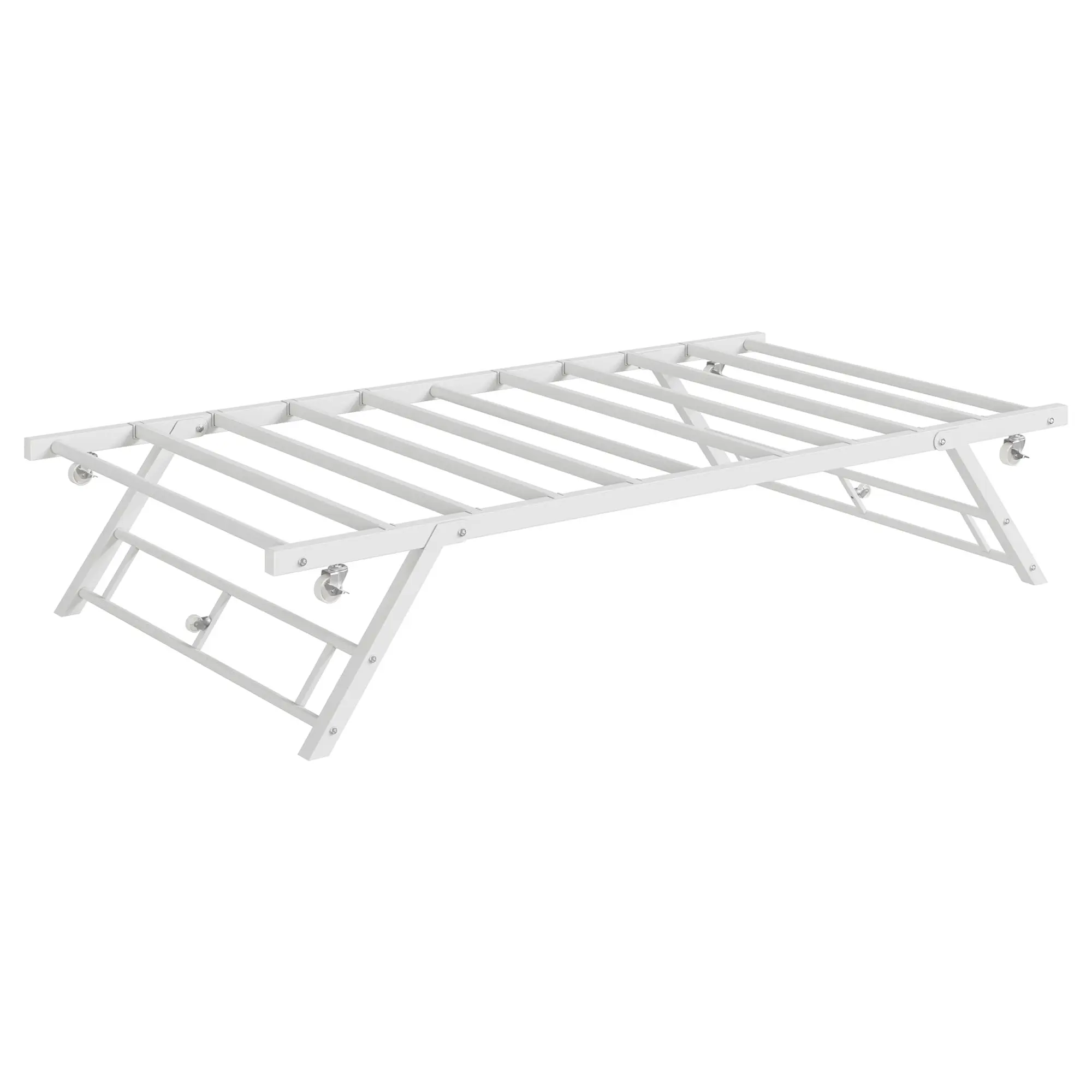 Garvee - Rolling bed frame, foldable roll-out, single rolling bed frame, metal slat support with lockable wheels, white color