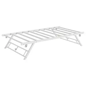 Garvee and Garvee Twin Pop Up Trundle Bed Frames with Foldable Metal Platforms and Lockable Casters, Available in White, Coffee, and Black, Designed for Individual Use and Easy Mobility