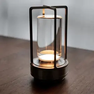 Portable Metal Table Lamp, 3000 mAh Outdoor Table Lights Rechargeable, 3 Color Stepless Dimmable Battery Operated Lamp for Patio, Camping, Bar Samll Desk Lamp for Indoor/ Outdoor (Black)