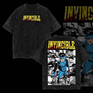 Vintage Washed Black Invincible Graphic T-Shirt Unisex, Retro Distressed Mark Grayson Comic Panel Print Crew Neck Short Sleeve Tee, Adult Superhero Streetwear Casual Top for Men Women, Outdoor Daily Wear