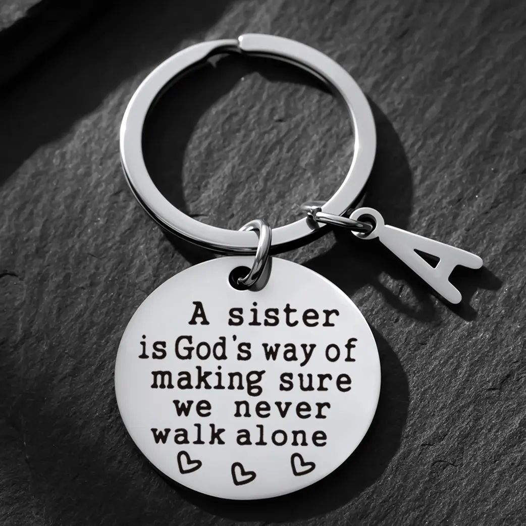 Stainless Steel Sister-Themed Fashion Keychain with Inspirational Charms, Letter Accents (J, V, C), Small Thoughtful Birthday Gift for Friends