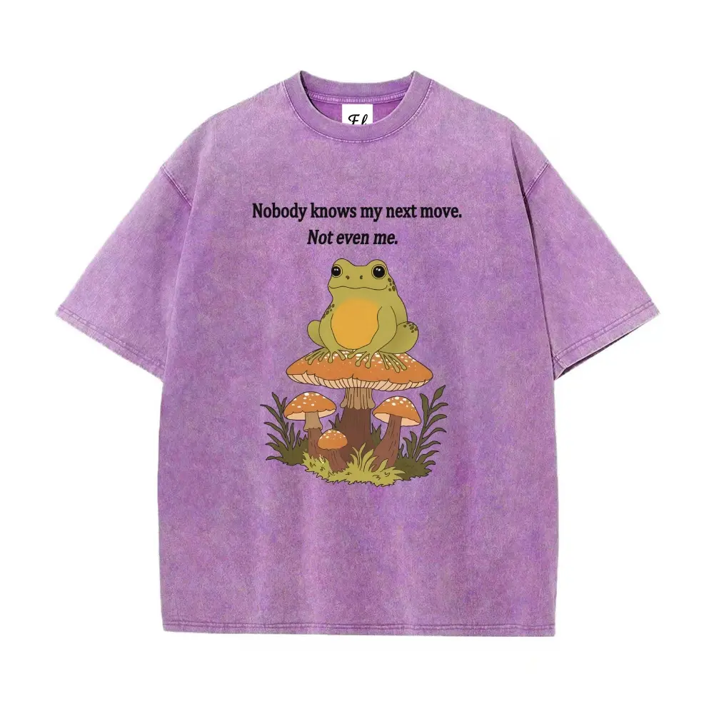 Nobody knows my next move Slacking-off attitude mushroom frog Unisex Plus Size Summer Graphic Tees Personalized Pattern Y2k Clothing Round Neck Short-Sleeved Washed T-Shirt,Women's Clothing 100% Cotton, Menswear, Top, Vintage Style, Casual Oversized