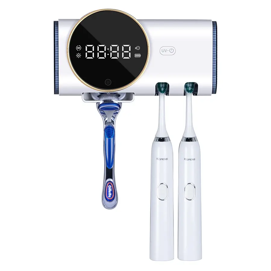 UV Toothbrush Sanitizer Wall Mounted Holder/Sterilization and Fan Drying Function Rechargeable Cordless Bathroom No Drilling Tooth Brush Cleaner Sterilizer Easy to Clean Razor and Toothbrush