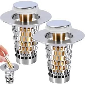 2 count 3-in-1 Bathroom Sink Stopper Hair Catcher for 1.15-1.6 in, Universal Stainless Steel Drain Strainer, Pop-Up Bathroom Sink Stopper with Basket