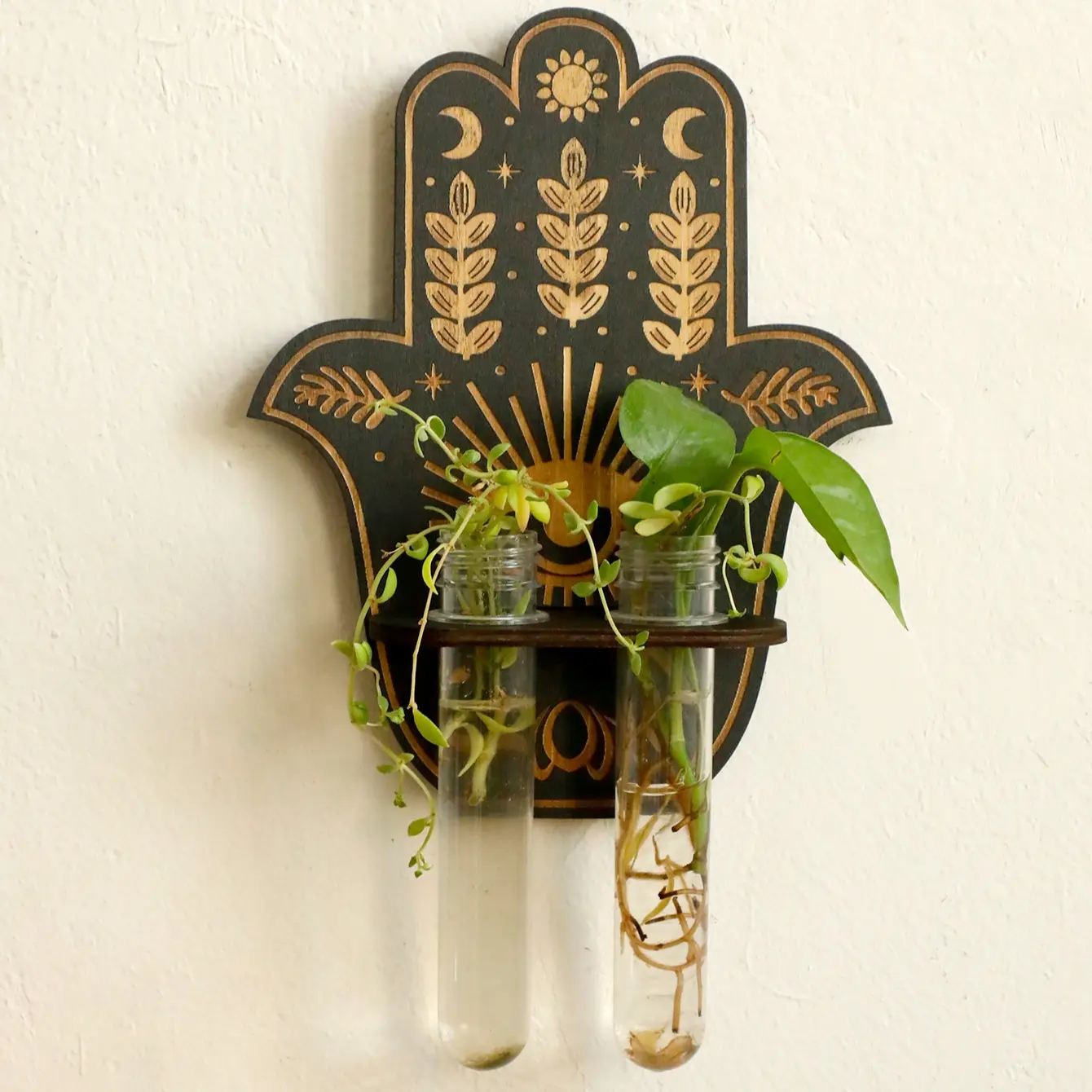 Wooden Boho Plant Shelf with Palm Design, Wall-Mounted Hydroponic Stand, Rustic Decor for Living Room & Bedroom, Great Eid Gift