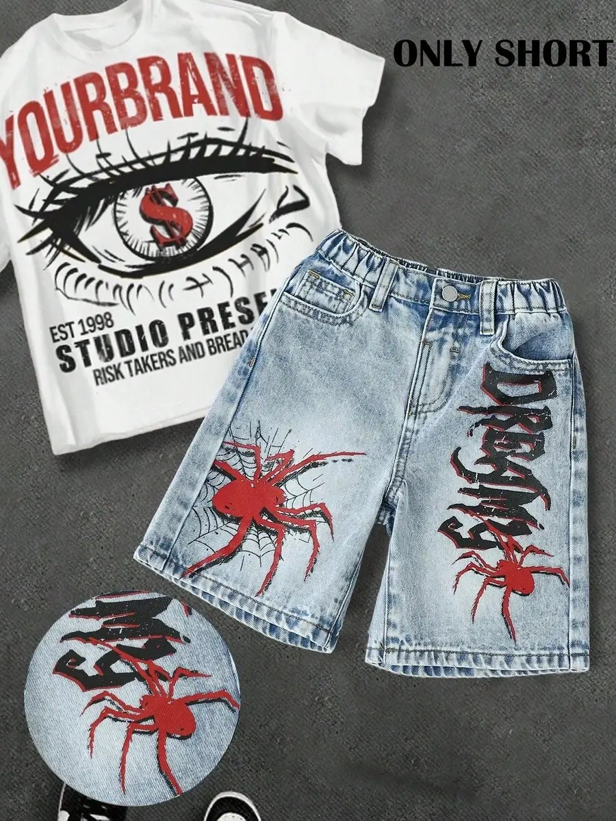 Young Boy New Fashion Urban Street Cool Distressed Stonewashed Spider Graffiti Print Loose Fit Blue Denim Shorts Spring Summer,For Kids Boys Spring/Summer Dailywear,Boys Streetwear,Beach Vacation For Boys,Boys Summer Boho,Casual For Boys