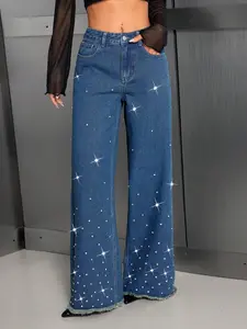 Women's Casual Wide Leg Jeans, Elegant Pocket Zipper Fringe Design, Perfect for Parties, Travel, Holidays, All Seasons