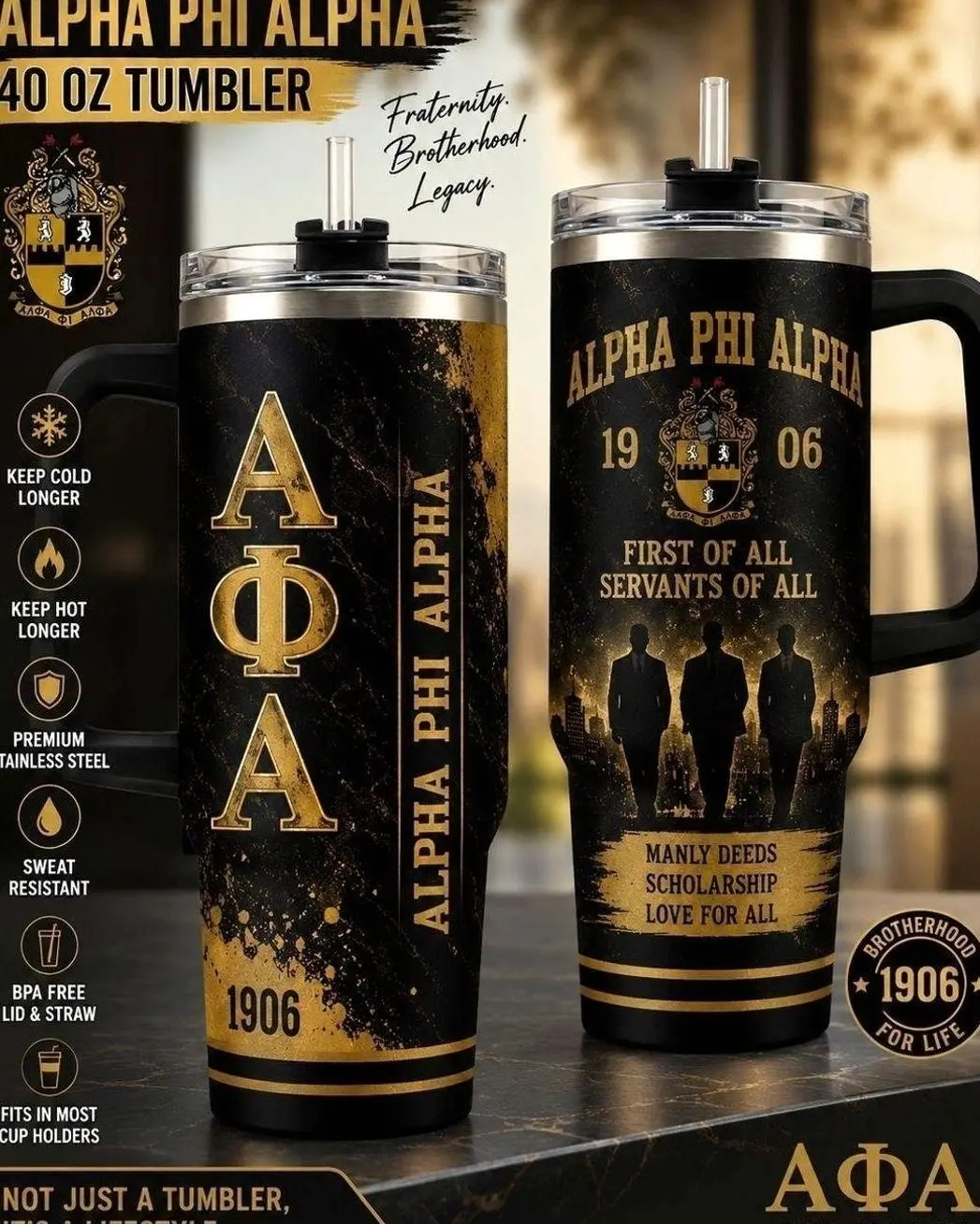 Alpha Phi Alpha 1906 40 Oz Tumbler with Handle, Brotherhood Legacy Stainless Steel Travel Mug, Insulated Cup with Straw Lid