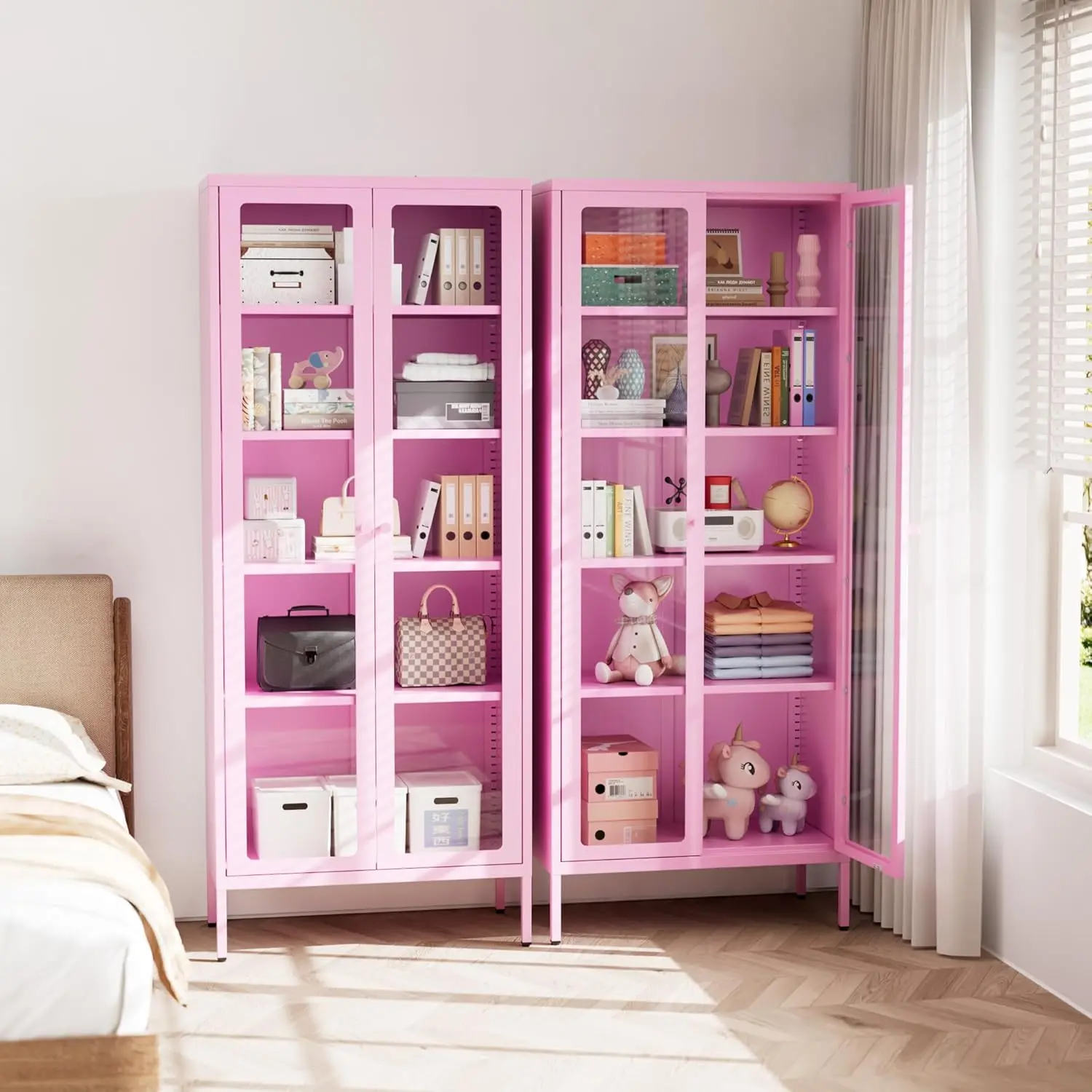 Greenvelly 5-Tier Glass Display Cabinet, Pink Metal Display Cabinet with Glass Doors, 67" Tall Curio Cabinet with Tempered Glass Doors for Home Office, Living Room, Pantry