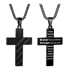 Stainless Steel Cross Black Pendant Necklace for Men with American Flag Bible Verse Durable Elegant Daily Wear Graduation Gift for Father Grandfather Husband Son