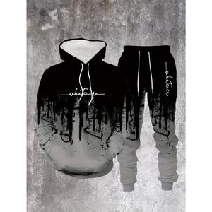A set of men's casual polyester hoodie and sweatpants, black and blue color block with letter print, comfortable elastic fit, regular style, suitable for casual and outdoor activities, spring and autumn series