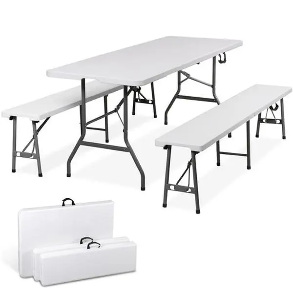 Zenstyle Folding Table Set - 6FT w/2 Durable Stain-Resistant Benches, 17.52lbs, 220lbs Bench Capacity, 661lbs Table Capacity, Folded 36.1"l×12"w×3.3"h, Unfolded 72.3"l×12"w×17"h, White Indoor/Outdoor for Barbecues, Family Reunions Home Organizer Supply