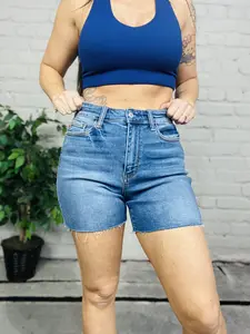 Judy Blue - "Helen" Medium Blue High-Waisted Cutoff Shorts judy bluejeans