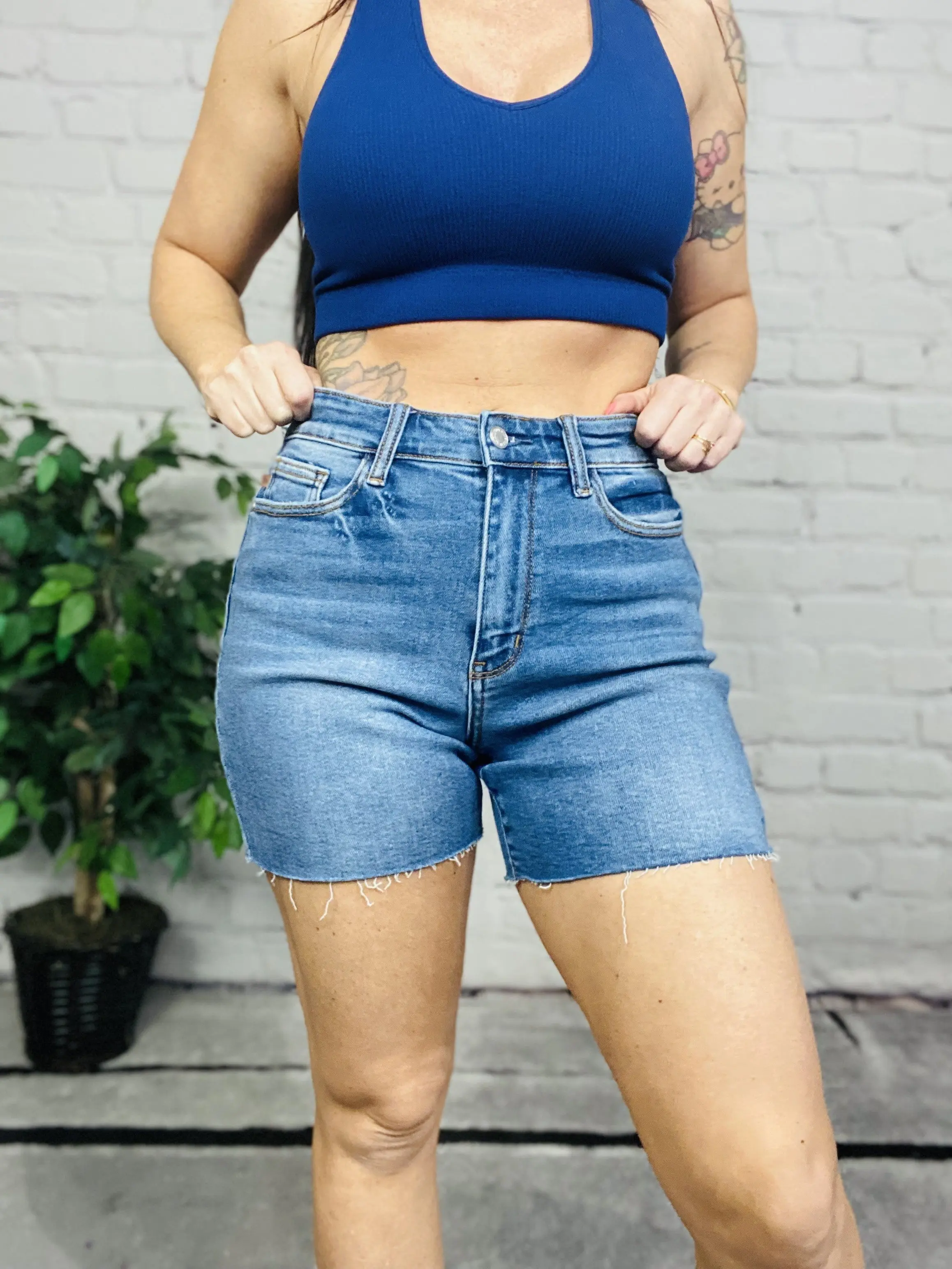 Judy Blue - "Helen" Medium Blue High-Waisted Cutoff Shorts judy bluejeans