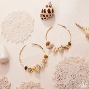 Seashell Sonnet - Gold Oyster with Pearl and Various Shells Fall Along 2 1/4" Hoop Earrings