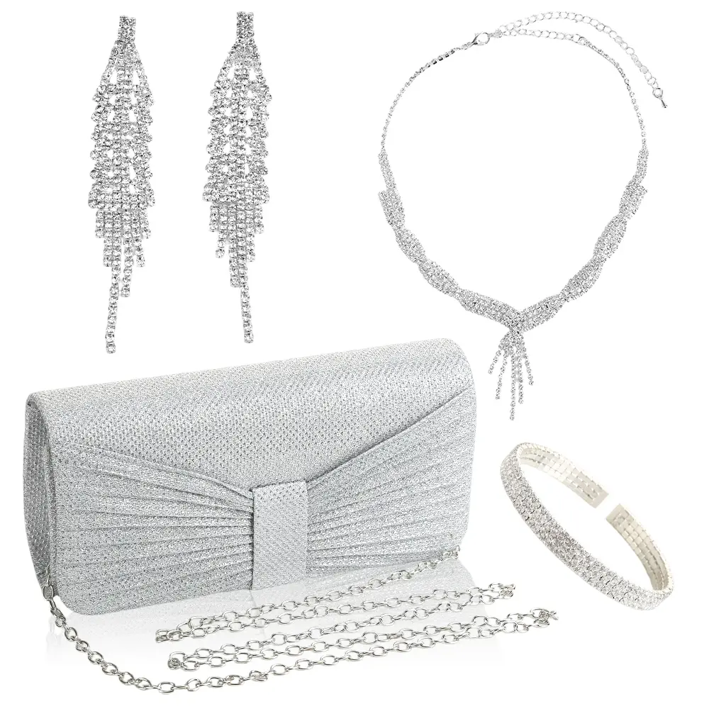 4 Pieces Women Rhinestone Evening Clutch Bag Bling Earring Necklace Bracelet for Wedding Graduation Prom