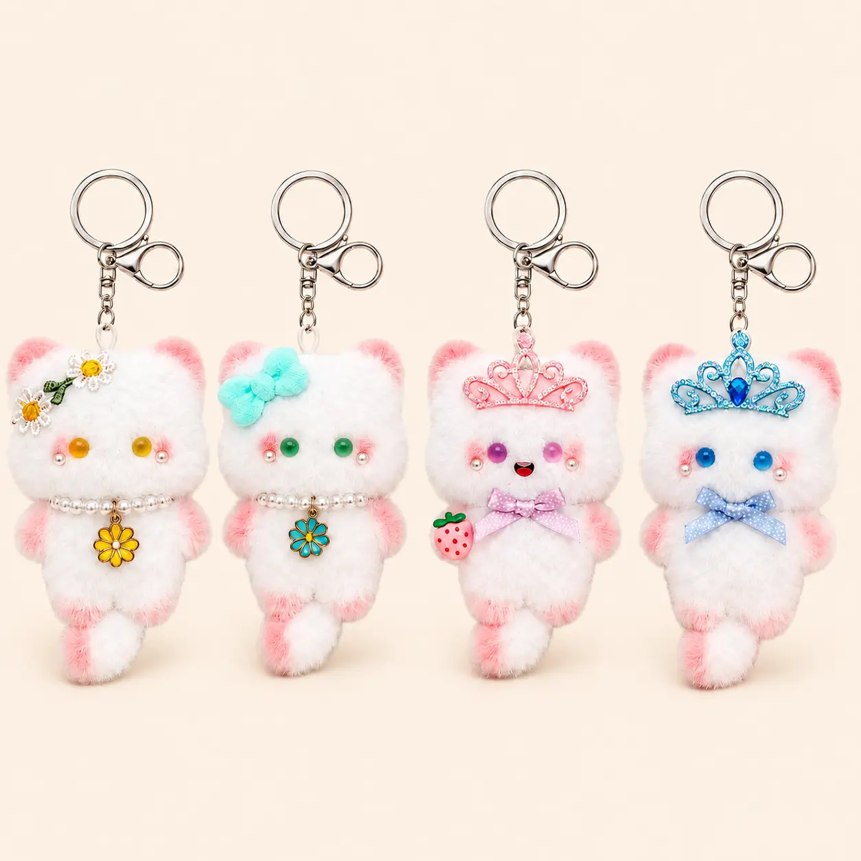 4PCS Soft Fluffy Keychain Set - Kawaii Cute Style, Pearl Crown & Flower Decor, Stylish Keyring, Mini Plush Animal & Character Figure Keychains for Bags, Ideal Gift, Keychain For Bags